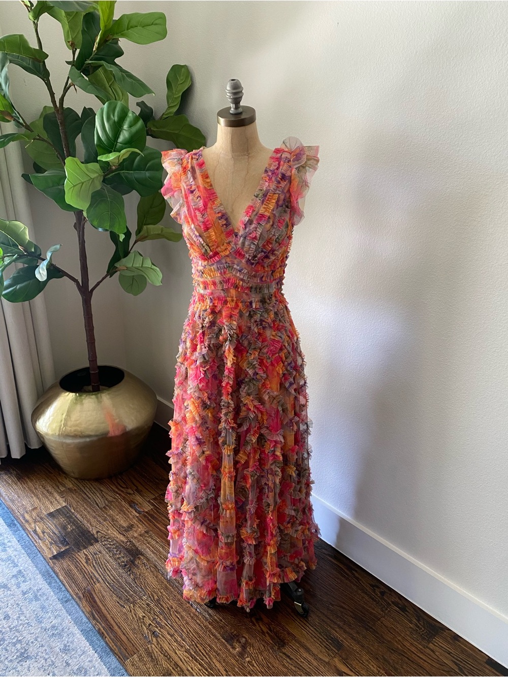 Mac Duggal Pink Multi Ruffle V-Neck Maxi Dress